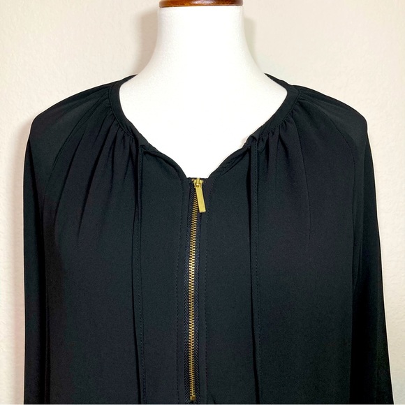 CARMEN MARC VALVO Black Zipper & Tie Front Blouse Sheer Long Sleeves Size Small - Picture 2 of 7